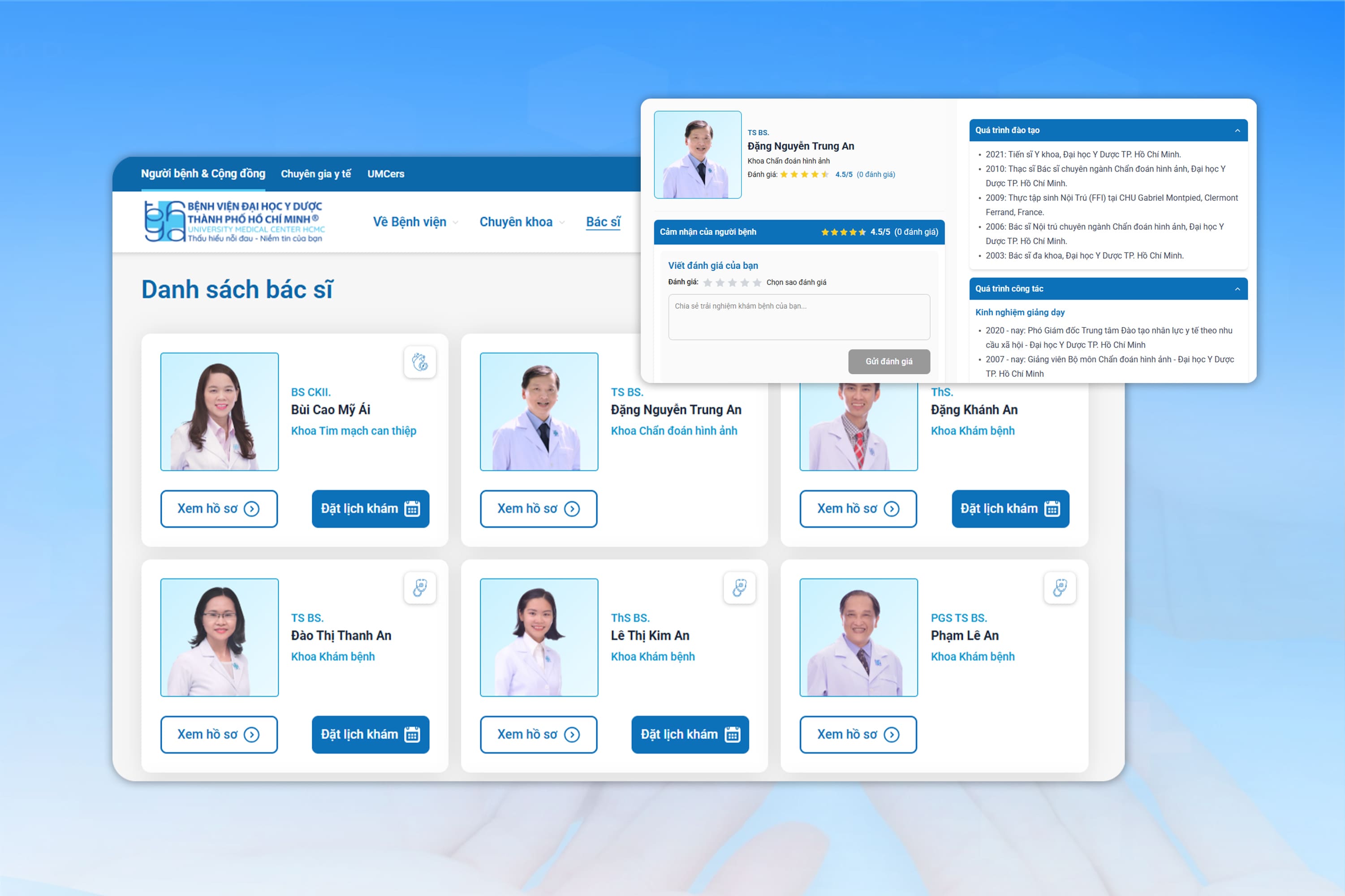 Hồ sơ b&aacute;c sĩ tr&ecirc;n website UMC được chuẩn h&oacute;a với đầy đủ th&ocirc;ng tin về chuy&ecirc;n khoa, qu&aacute; tr&igrave;nh c&ocirc;ng t&aacute;c, năng lực chuy&ecirc;n m&ocirc;n v&agrave; trải nghiệm thực tế từ người bệnh